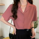 デューリリー Dewlily フォーマル半袖シャツ レディース 春服 夏 無地 10代 20代 30代 韓国ファッション 大きいサイズ スクール ブラウス オフィスカジュアル オーバーサイズ (ピンク)(4)