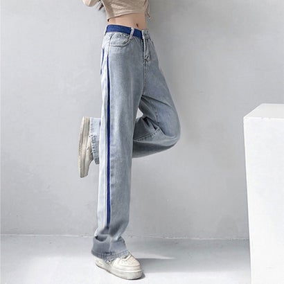 配色ストレートデニムパンツ ハイウエスト