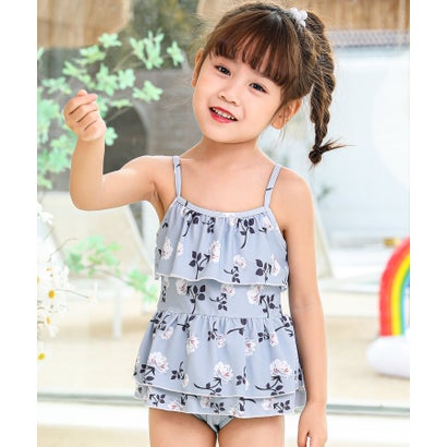 テディショップ Teddyshop キッズ水着 小花柄ティアードフリルワンピ風フレアオールインワンスイムウェア （ライトブルー）【交換・返品不可】