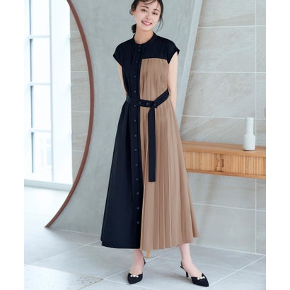 ルイルエブティック RUIRUE BOUTIQUE プリーツパネル・フレンチスリーブロングワンピース （ブラック×ベージュ）のサムネイル