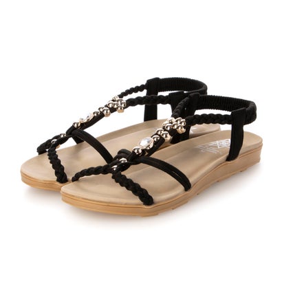 スクランブル Scramble 人気リゾートサンダル編み込みビジュー付きフラットサンダル ぺたんこ （ブラック）