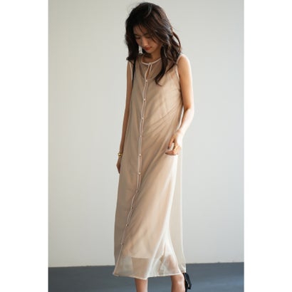 セゾンドパピヨン SAISON DE PAPILLON メッシュカーディガンとキャミワンピースの2点セット (ベージュ)