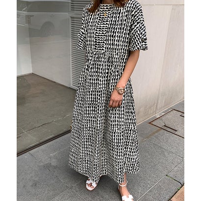 ヴィータフェリーチェ VitaFelice 大人可愛いプリント柄レディースワンピース (BLACK)