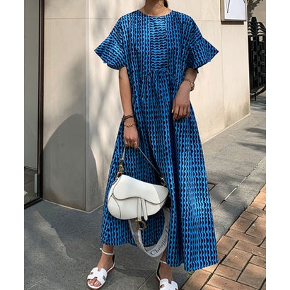 ヴィータフェリーチェ VitaFelice 大人可愛いプリント柄レディースワンピース (BLUE)