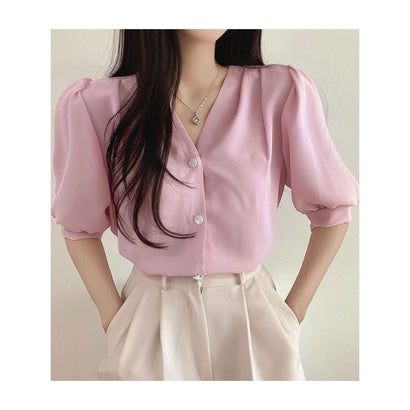 ビビッドレディ VIVIDLADY Vネックパフスリーブブラウス半袖 全4色 （ピンク）のサムネイル