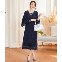 ドレスプラス DRESS+ ドレス ワンピース レース袖 ストレート ミモレ丈 (ネイビー)