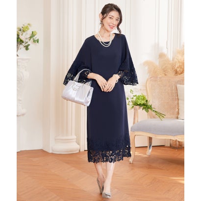LOCOMALL(ロコンド公式ストア)のドレスプラス DRESS+ ドレス ワンピース レース袖 ストレート ミモレ丈 （ネイビー）｜アングル2