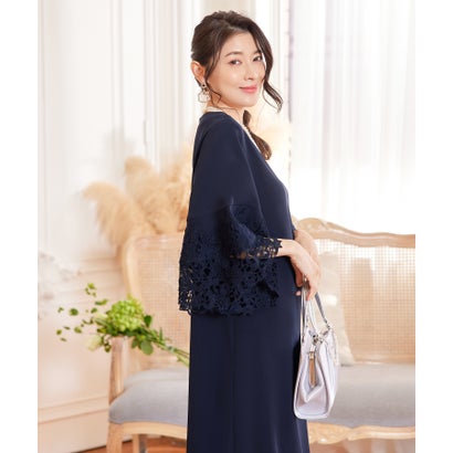 LOCOMALL(ロコンド公式ストア)のドレスプラス DRESS+ ドレス ワンピース レース袖 ストレート ミモレ丈 （ネイビー）｜アングル3