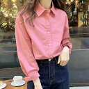 アミュレット Amulet カジュアルシンプルブラウス レディース トップス シャツ 長袖 春 夏服 秋 韓国ファッション 10代 20代 30代 オフィスカジュアル 無地 シンプル 大きい (ピンク)