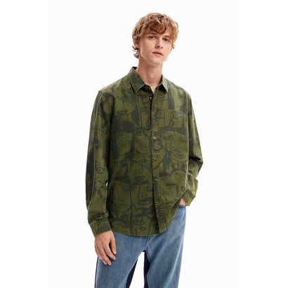 デシグアル Desigual フェイスモチーフ アシッドウォッシュ シャツ (グリーン)
