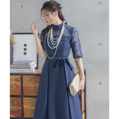 レティカ Retica ビスチェ風切り替えデザインフィッシュテールミモレ丈レーススリーブ結婚式パーティードレス 大きいサイズ（ネイビー）