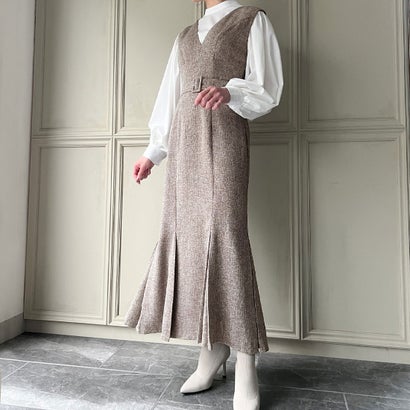 ジュノア JUNOAH ベルト付きツイードジャンパースカート （ライトブラウン）