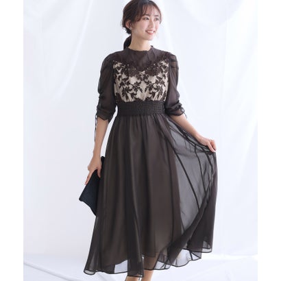 プールヴー PourVous ミモレ丈&七分袖パーティードレスオーガンジーお呼ばれ結婚式フォーマル ワンピース 20代 30代 40代 (チャコール)