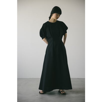 シアサッカーギャザースリーブワンピース BLK