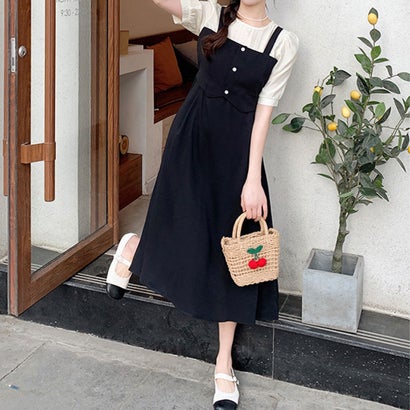 デューリリー Dewlily ジャンパースカート風ワンピース 韓国ファッション 10代 20代 30代 可愛い ナチュラル 女性らしい 重ね着風 ドッキングワンピース （ブラック）