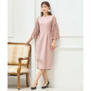 ドレスプラス DRESS+ レース七分袖×ダマスク柄ワンピースドレス結婚式ワンピース・お呼ばれパーティードレス (スモークピンク)