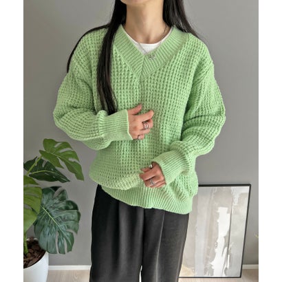 ジュエローブ Jewelobe ワッフル編みVネックルーズニット （グリーン）