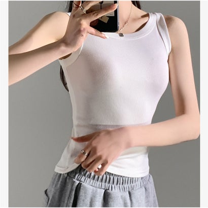 アンドカワイイ And Kawaii タンクトップ ノースリーブニット サマーニット Uネック トップス セクシー 夏 韓国 （ホワイト）