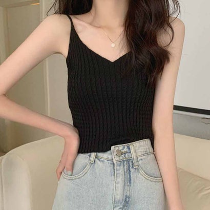 ショッピングゴー shoppinggo ニットキャミソール ショート丈 ニットトップス サマーニット タンクトップ Vネックノースリーブ 無地 薄手 （ブラック）
