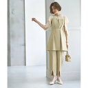 ルイルエブティック RUIRUE BOUTIQUE フロントパールエアリースリーブトップス&スリットパンツセットアップ (ベージュ)