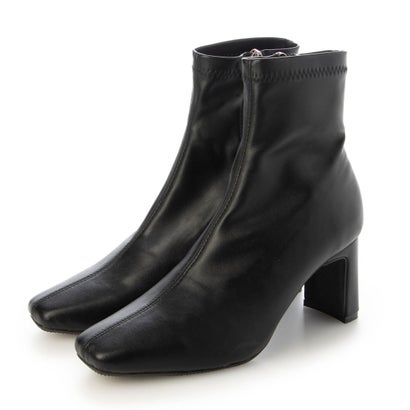 ヴィヴィアン VIVIAN スクエアトゥプレートヒールストレッチショートブーツ (ブラック)