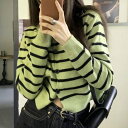デューリリー Dewlily ボーダーショート丈カーディガン 秋 冬 韓国ファッション 10代 20代 30代 レディース 可愛い 大人カジュアル シンプル 羽織り クロップド丈 (グリーン)