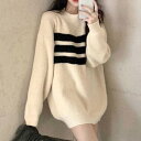 デューリリー Dewlily ロングニット 秋 冬 韓国ファッション 10代 20代 30代 レディース 可愛い 大人カジュアル シンプル 長袖 体型カバー ライン オーバーサイズ (ホワイト)