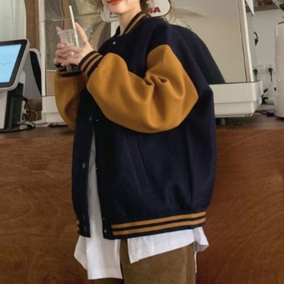 ベルシー Belle Cie ジャケット アウター ブルゾン 羽織り スタジャン フードなし レディース リブ シンプル ベーシック バイカラー くすみカラー 大人可愛い 秋冬 （ネイビー）