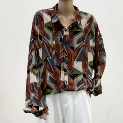 アットマーベラス At Marvelous シャツ 幾何学柄 花柄 柄 派手 メンズ かっこいい おしゃれ 長袖 グラフィック 総柄 総柄プリント 柄シャツ きれいめ アート 韓国ファッション （ブラウン）