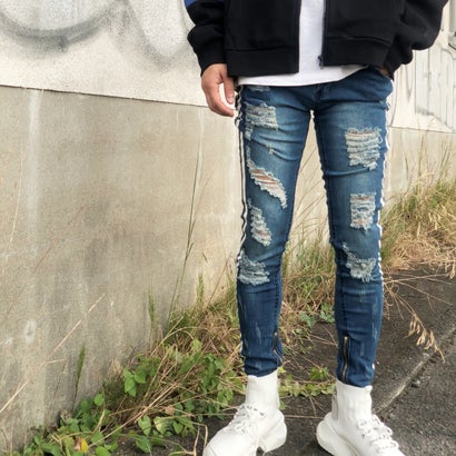 アットマーベラス At Marvelous ダメージジーンズ スキニーパンツ メンズ ラインパンツ ストレッチデニム 大きいサイズ ストリートファッション （ブルー）