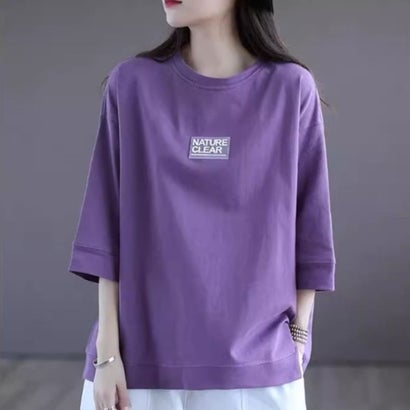 ベルシー Belle Cie Tシャツ 半袖 5分袖 7分袖 男女兼用 シンプル ゆったり ワンポイント ルーズ かっこいい ロゴ ワッペン パープル 紫 黒 白 大きいサイズ （パープル）