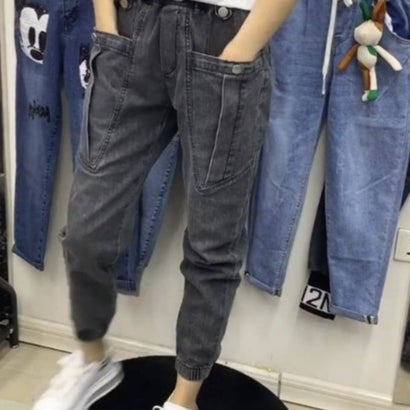 ベルシー Belle Cie デニムジョガーパンツ ポケット付き ウエストゴム入り 裾ゴム入り レディース デニムパンツ クール 韓国ファッション ブルーデニム ブラックデニム （ブラック）