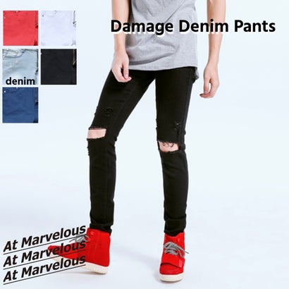 アットマーベラス At Marvelous ダメージパンツ メンズ ストレッチ スキニー ストレート デニム カツラギ ロングパンツ ブリーチ 赤 白 黒 紺 大きいサイズ ロック カジュアル ジーンズ （サッ