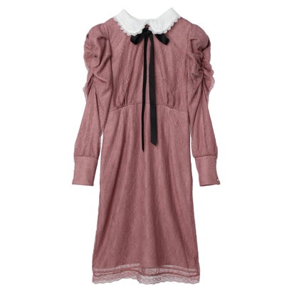 メゾンドフルール プチローブ Maison de FLEUR Petite Robe リボン襟付きレースワンピース （ダークピンク）