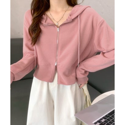 リフ Riff ダブルZIPパーカー ショート丈 クロップド丈 羽織り アウター フーディー プルオーバー 長袖 無地 （ピンク）