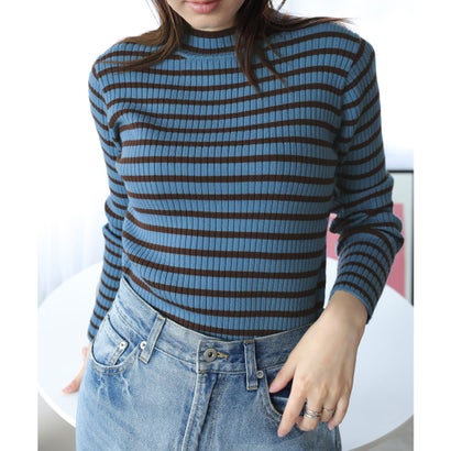 ガーリードール Girly Doll ハイネックボーダーリブニット （ダスティブルー×ライトブラウン）