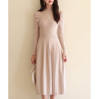 セゾンドパピヨン SAISON DE PAPILLON プチハイネックミモレ丈ワンピース （ベージュ）