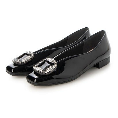 マリー・ファム Marie femme ビジュー付きVカットスクエアトゥフラットパンプス （ブラックエナメル）