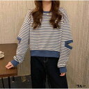 アンドカワイイ And Kawaii 長袖Tシャツ ショート丈 レディース トップス ボーダー柄 韓国ファッション (ブルー)(4)