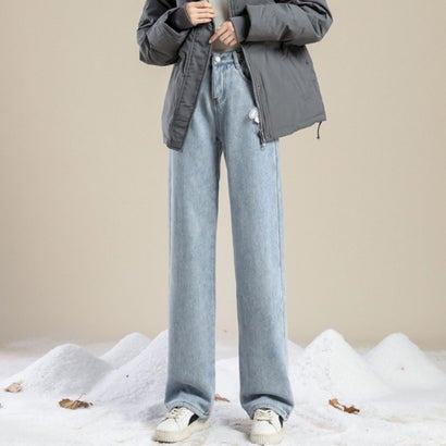 ベルシー Belle Cie デニム デニムパンツ ロングパンツ ジーパン レディース 裏起毛 裏シャギー ワイドパンツ ストレート バギー ハイウエスト 韓国ファッション 防寒 （サックス）