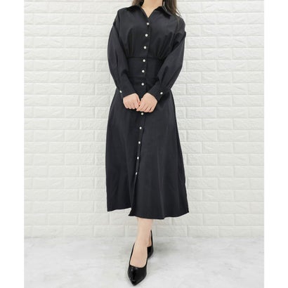 レースレディース Lace Ladies ウエスト切替シャツワンピース ロング丈 (ブラック)