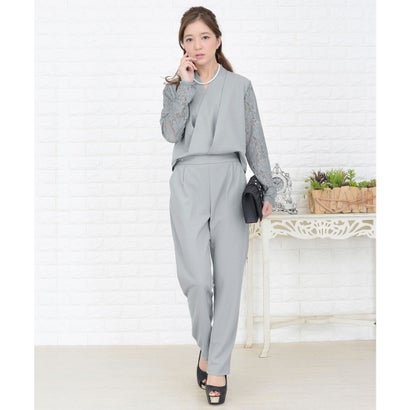 レースレディース Lace Ladies カシュクール風花柄レースオールインワン・パンツドレス (グレー)