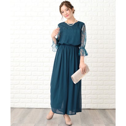 レースレディース Lace Ladies 袖レースウエストゴムシフォンフォーマルロングパンツドレス (ブルーグリーン) レースレディース Lace Ladies 袖レースウエストゴムシフォンフォーマルロングパンツドレス (ブルーグリーン)