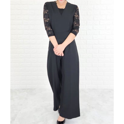 レースレディース Lace Ladies 選べる袖丈2タイプ Vネック オールインワン・パンツドレス （ブラック七分袖）