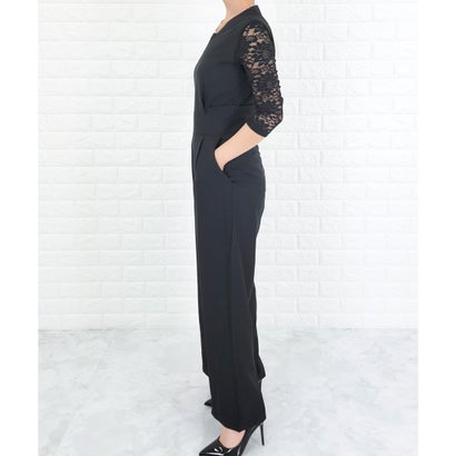 レースレディース Lace Ladies 選べる袖丈2タイプ Vネック オールインワン・パンツドレス （ブラック七分袖）