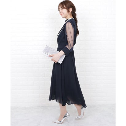 レースレディース Lace Ladies シースルー袖シフォンプリーツワンピースドレス （ネイビー）