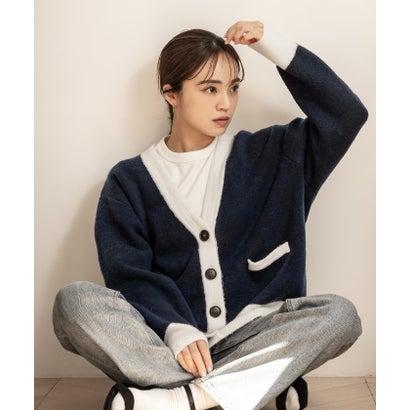 ユアーズ ur's バイカラーニットカーディガン （ネイビー/ホワイト）のサムネイル