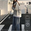 アンドカワイイ And Kawaii 長袖カジュアルパーカー 重ね風 ボーダー柄 フェイクレイヤードパーカー 韓国ファッション (ホワイト)