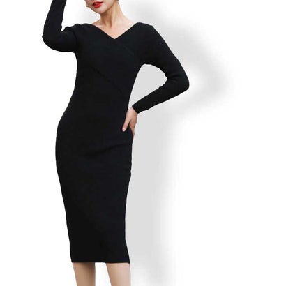 アイカ ica 肌見せ カシュクールデザイン リブニット ミモレ丈 タイトワンピース ニットワンピース （BK）