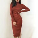 アイカ ica 美しいタイトなシルエット タートルネック膝丈リブニットワンピース タイトワンピース (ROR)